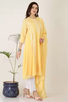 Kaanchie Nanggia Yellow Georgette Kurta Pant Dupatta Set