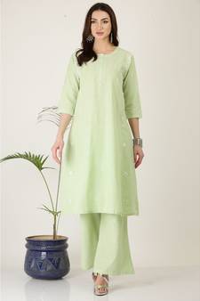 Kaanchie Nanggia Green Cotton Kurta Palazzo Set