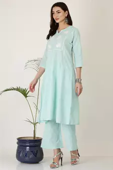 Kaanchie Nanggia Sjy Blue Cotton Kurta Palazzo Set