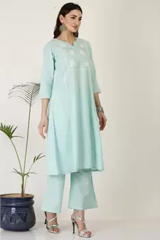 Kaanchie Nanggia Sjy Blue Cotton Kurta Palazzo Set