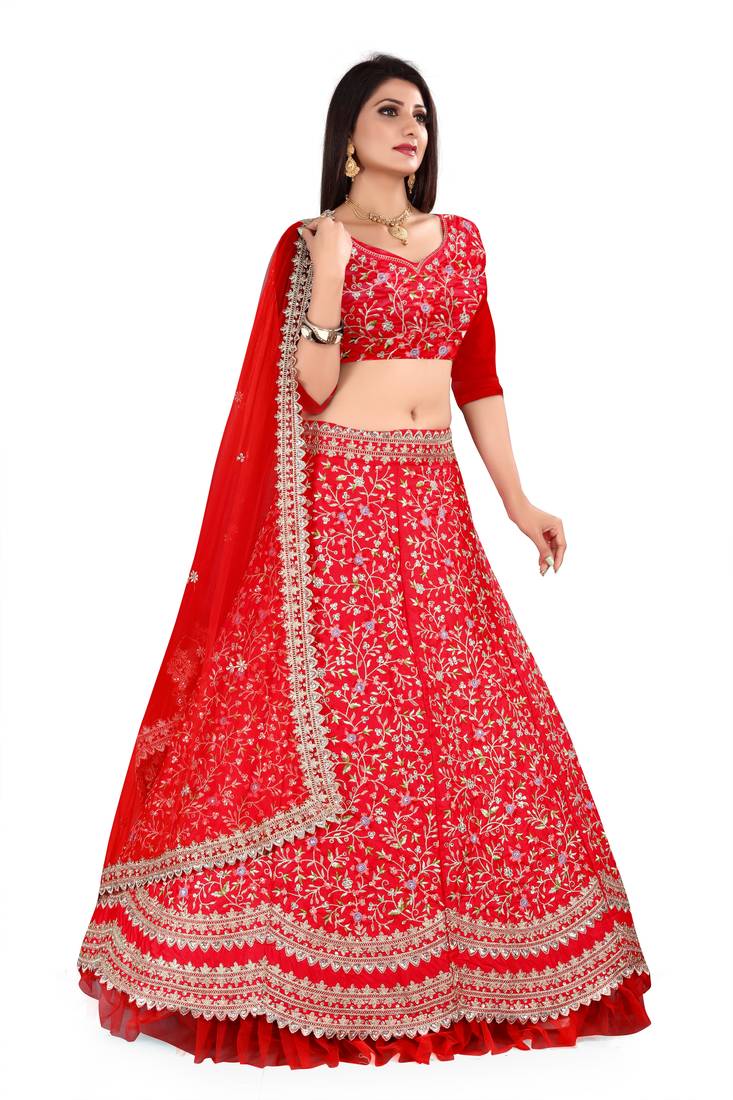 Red Embroidered Attractive Party Wear silk Lehenga choli 