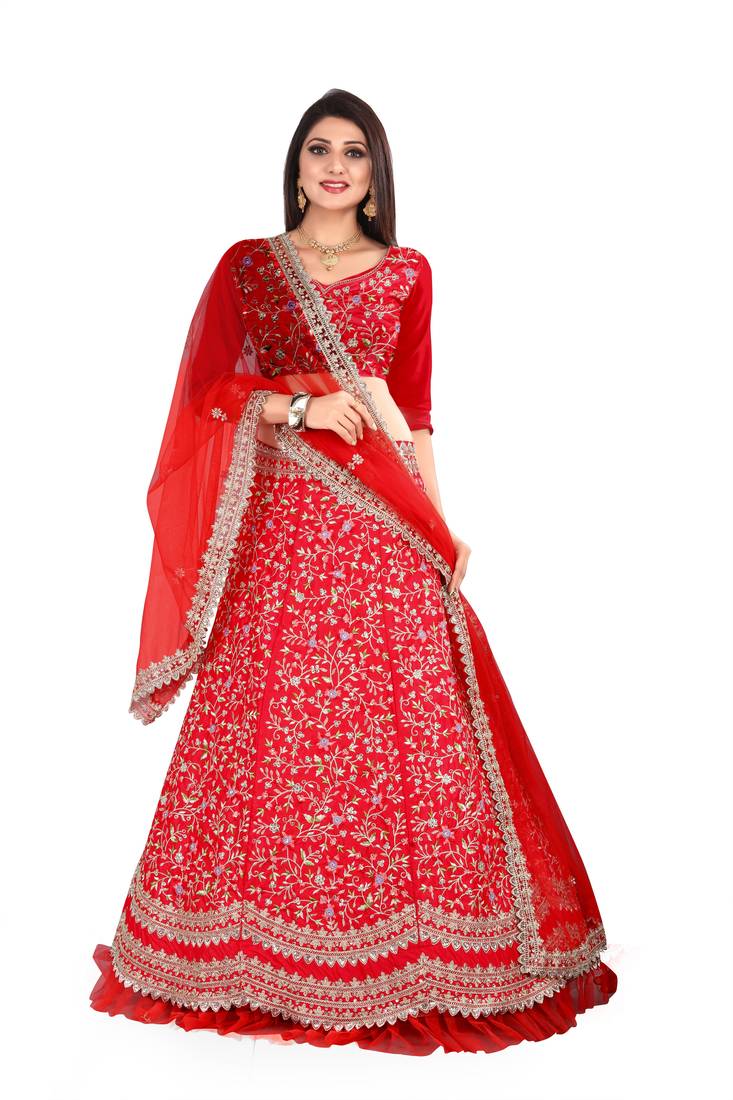 Red Embroidered Attractive Party Wear silk Lehenga choli 