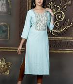 Ocean Blue Colour Heavy Fancy Rayon Embroidered designer Straight Kurti