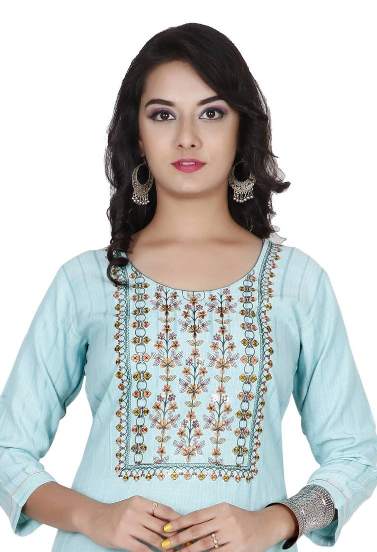 Ocean Blue Colour Heavy Fancy Rayon Embroidered designer Straight Kurti