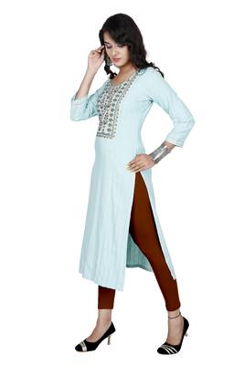 Ocean Blue Colour Heavy Fancy Rayon Embroidered designer Straight Kurti 5