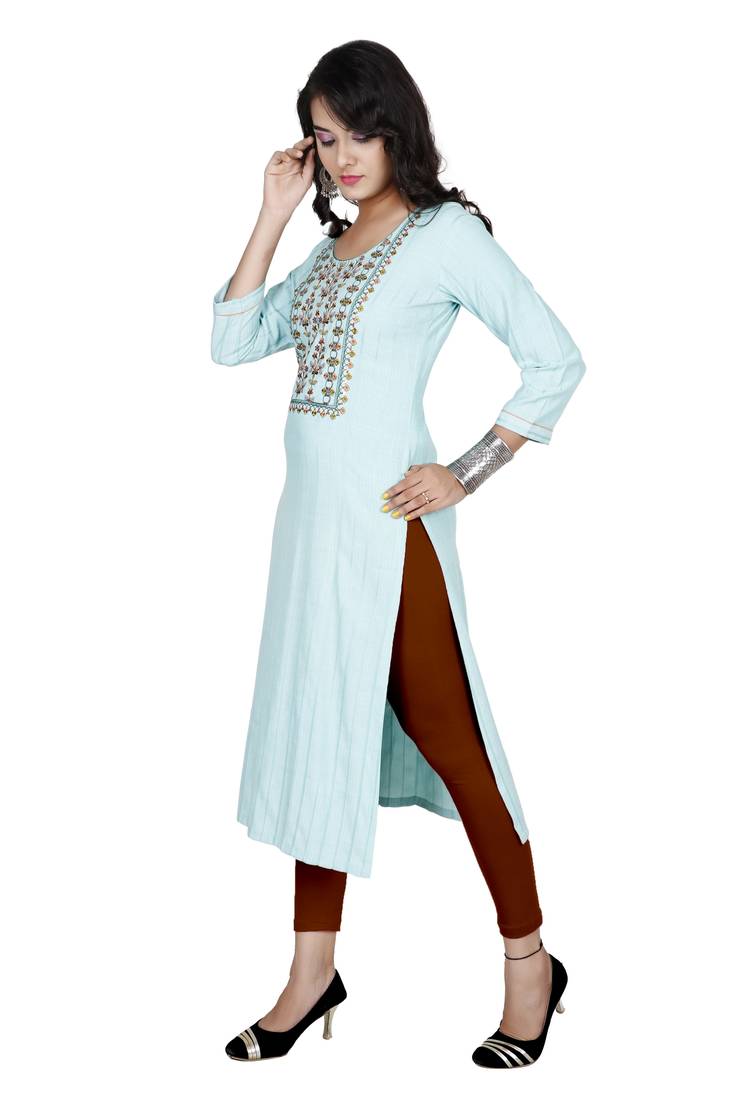 Ocean Blue Colour Heavy Fancy Rayon Embroidered designer Straight Kurti