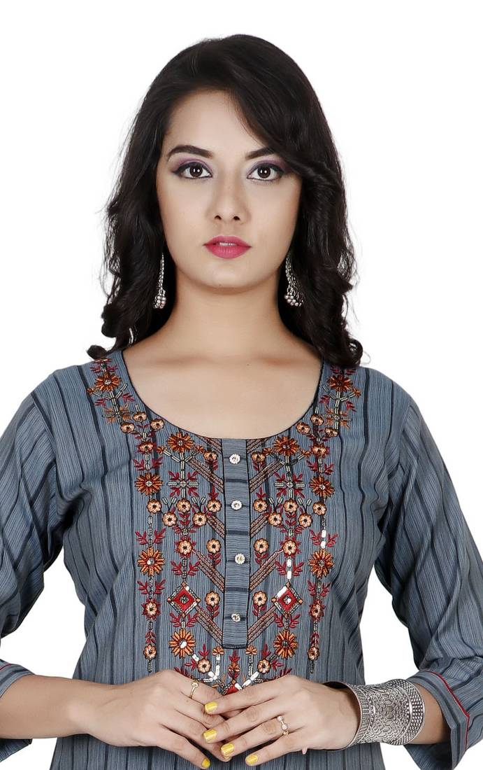 Grey Colour Heavy Fancy Rayon Embroidered designer Straight Kurti