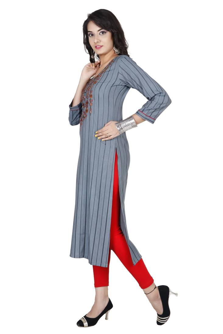 Grey Colour Heavy Fancy Rayon Embroidered designer Straight Kurti