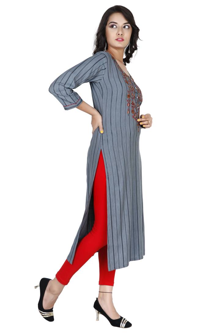 Grey Colour Heavy Fancy Rayon Embroidered designer Straight Kurti