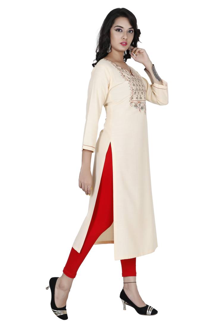 Cream Colour Heavy Fancy Rayon Embroidered designer Straight Kurti