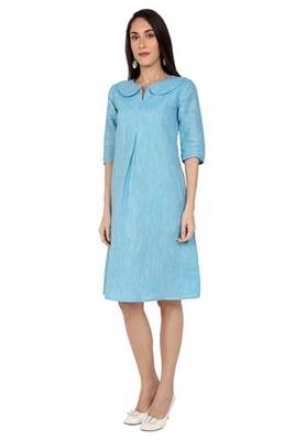 Blue plain cotton short-dresses 4