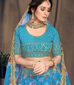 Deep Firozi Colored Party Wear Silk Material With Lehenga choli