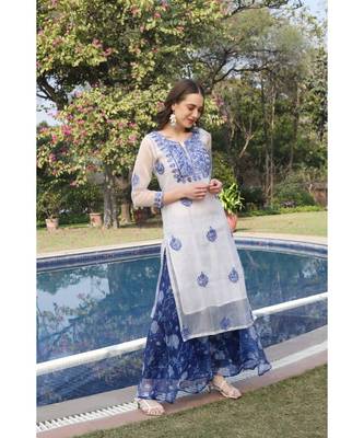 Embroidered royal blue organza kurti 2