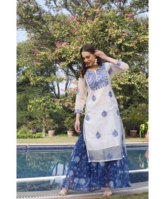 Embroidered royal blue organza kurti 4