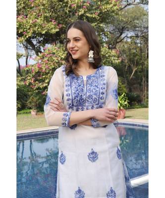 Embroidered royal blue organza kurti 5