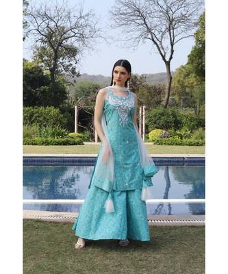 Chikankari light blue printed set with net dupatta and flared bottom (set of 3) 1