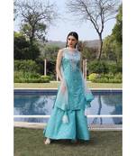 Chikankari light blue printed set with net dupatta and flared bottom (set of 3)