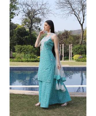 Chikankari light blue printed set with net dupatta and flared bottom (set of 3) 2