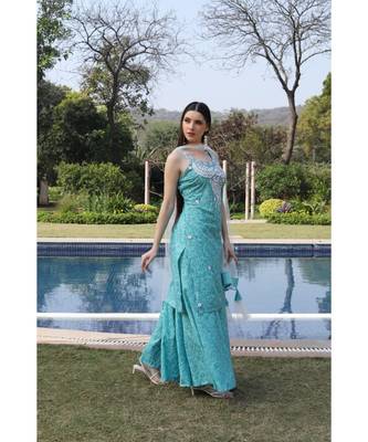 Chikankari light blue printed set with net dupatta and flared bottom (set of 3) 3
