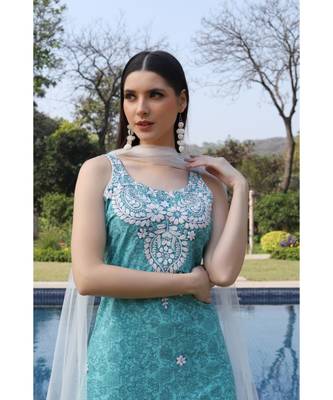 Chikankari light blue printed set with net dupatta and flared bottom (set of 3) 4