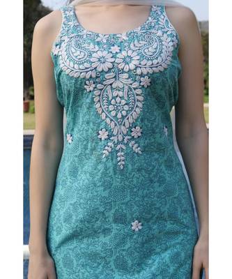 Chikankari light blue printed set with net dupatta and flared bottom (set of 3) 5