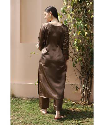 Dark brown Satin kurta set with red color chikankari work (set of 2) 2