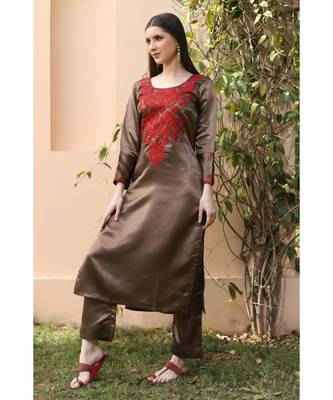 Dark brown Satin kurta set with red color chikankari work (set of 2) 4
