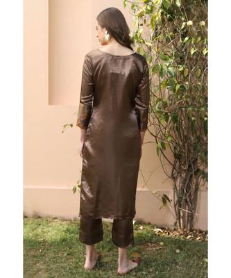 Dark brown Satin kurta set with mustard color chikankari work (set of 2) 2