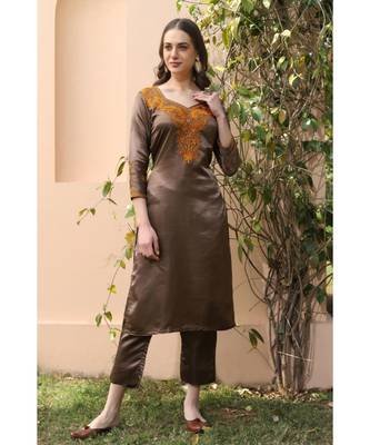 Dark brown Satin kurta set with mustard color chikankari work (set of 2) 3