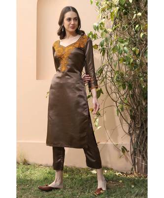 Dark brown Satin kurta set with mustard color chikankari work (set of 2) 1