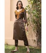 Dark brown Satin kurta set with mustard color chikankari work (set of 2)
