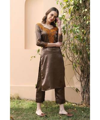 Dark brown Satin kurta set with mustard color chikankari work (set of 2) 4
