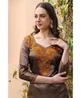Dark brown Satin kurta set with mustard color chikankari work (set of 2) 5