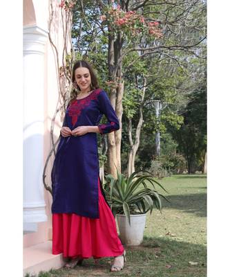 Art silk blue color chikankari with pink color thread work paired with rayon sharara (set of 2) 2