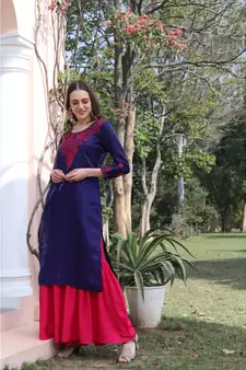 Art silk blue color chikankari with pink color thread work paired with rayon sharara (set of 2)