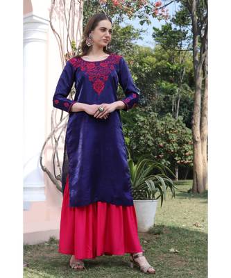 Art silk blue color chikankari with pink color thread work paired with rayon sharara (set of 2) 3