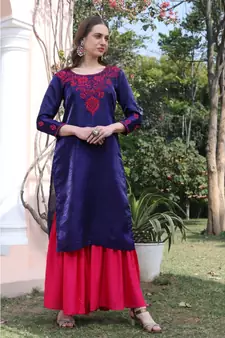 Art silk blue color chikankari with pink color thread work paired with rayon sharara (set of 2)