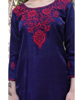 Art silk blue color chikankari with pink color thread work paired with rayon sharara (set of 2) 4