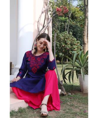 Art silk blue color chikankari with pink color thread work paired with rayon sharara (set of 2) 5