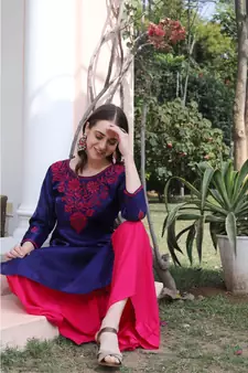 Art silk blue color chikankari with pink color thread work paired with rayon sharara (set of 2)