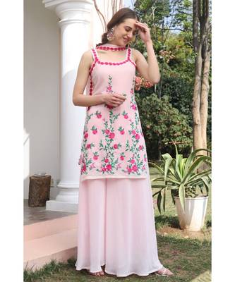 Embroidered peach sharara set with attached lining and dupatta (set of 3) 3