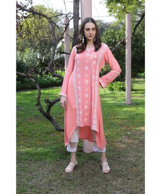 Peach color chikankari low-high kurti 1