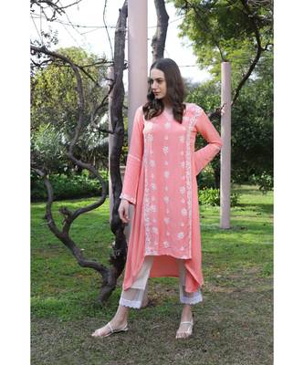 Peach color chikankari low-high kurti 2