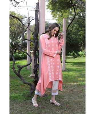 Peach color chikankari low-high kurti 3