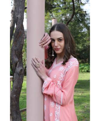 Peach color chikankari low-high kurti 4