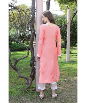 Peach color chikankari low-high kurti 5