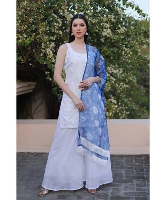 White embroidered kota sharara set with organza dupatta (set of 3) 1