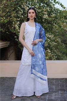 White embroidered kota sharara set with organza dupatta (set of 3)