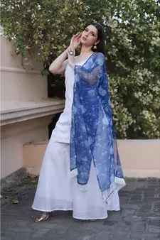 White embroidered kota sharara set with organza dupatta (set of 3)