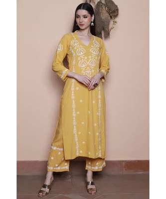 Mustard jaali work cotton rayon chikankari kurta set (set of 2) 1